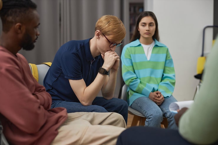 mental health support group in Chicago with individuals sharing experiences in a guided therapy session